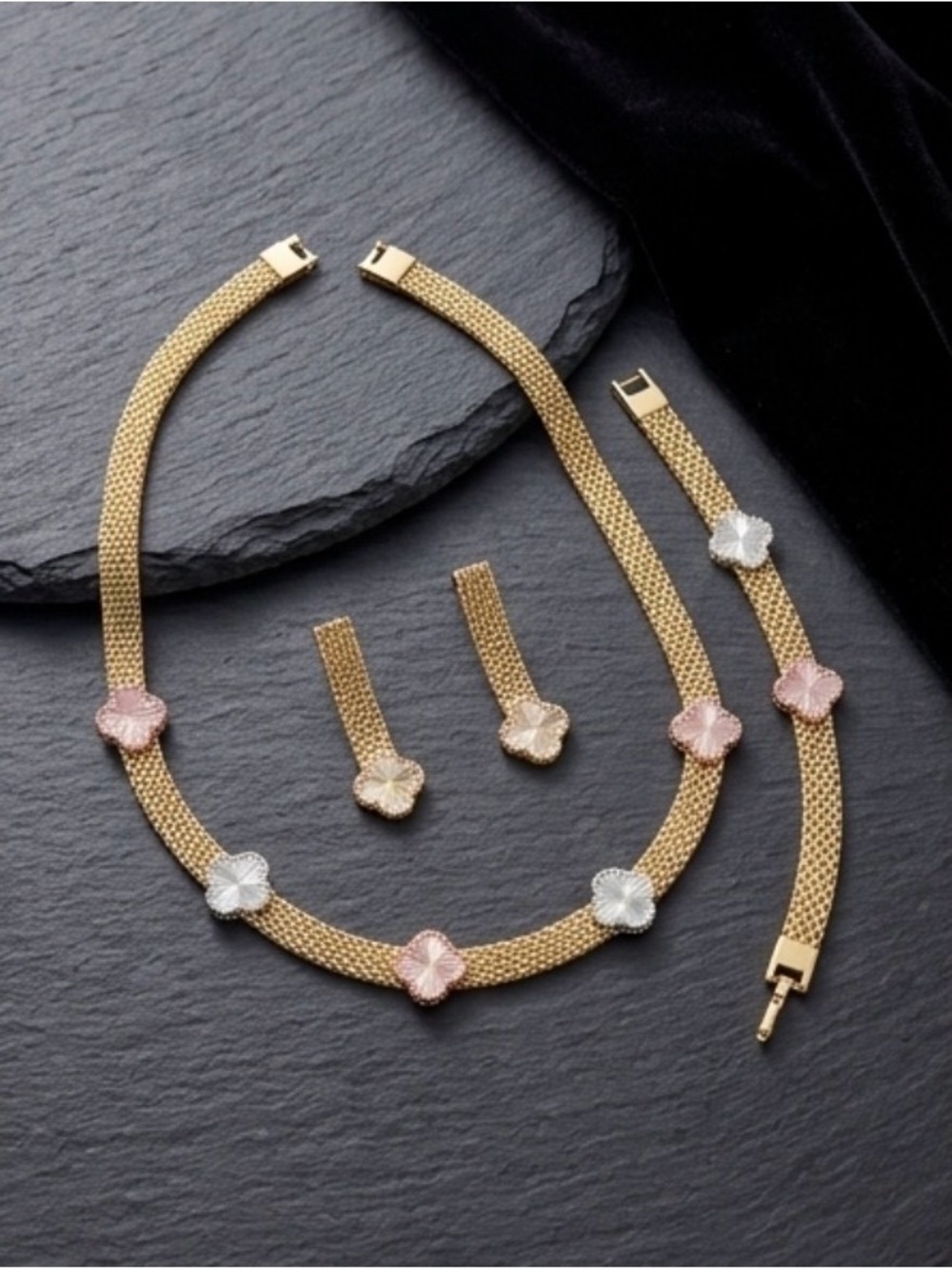 Gold Tone Women's Clover Necklace & Earring Set with Pink and White Accents